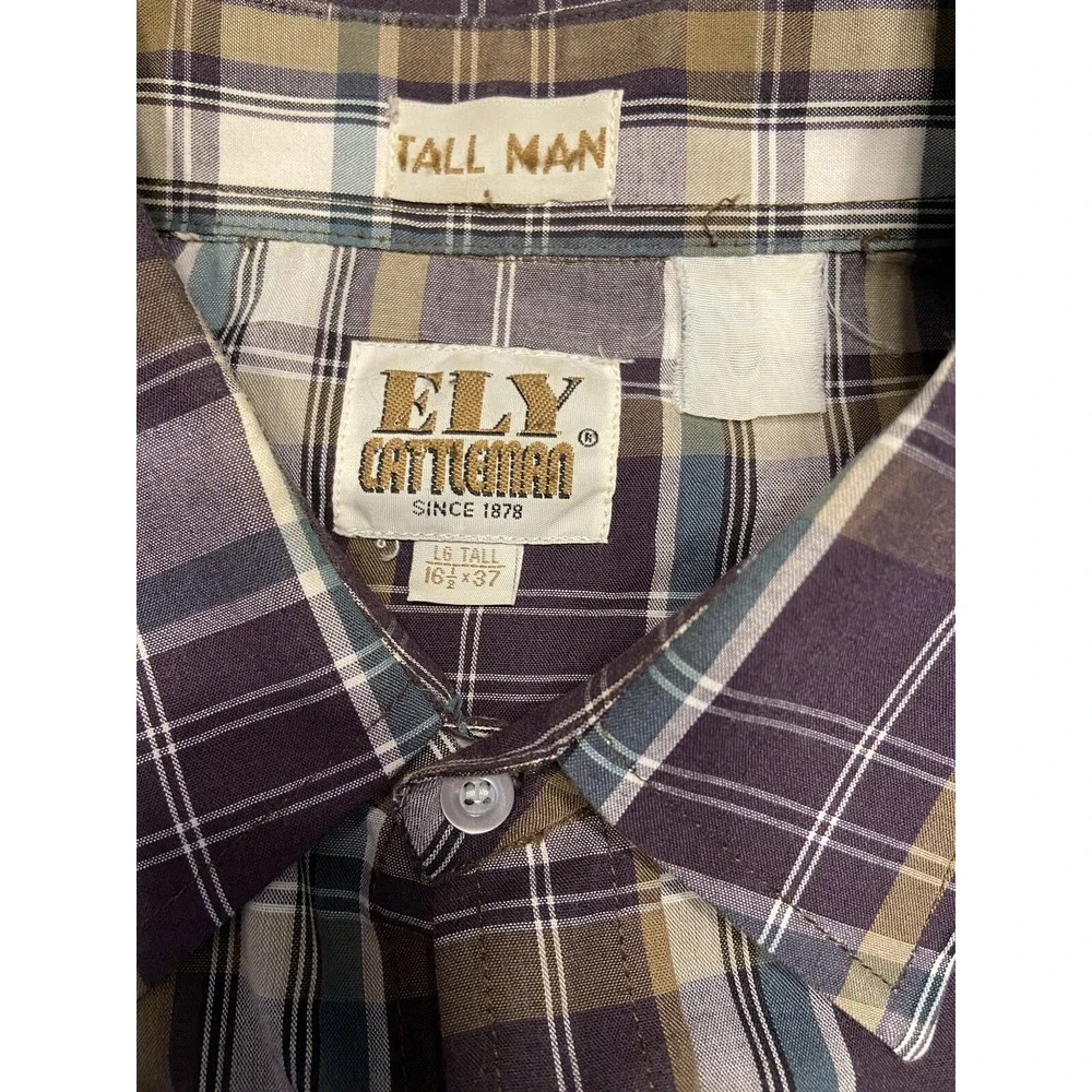 Ely Cattleman Shirt Men's Size Large Tall Plaid Pearl Snap Button Up Long Sleeve